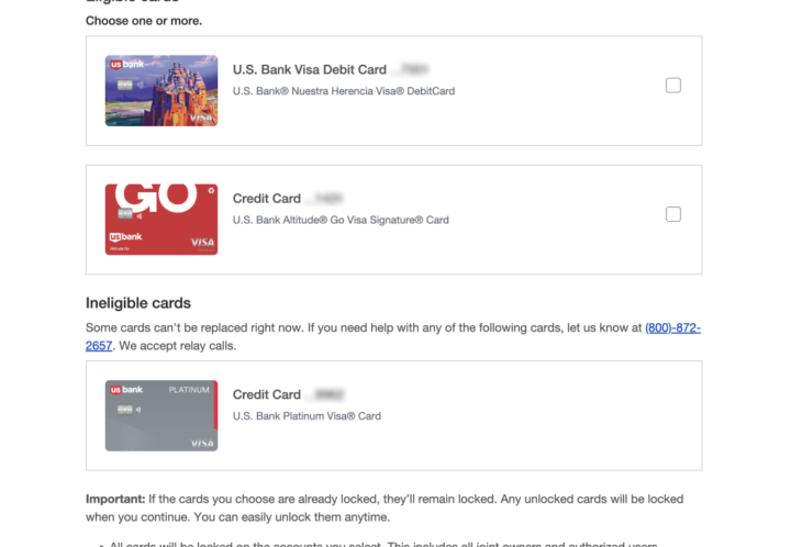 Report cards lost or stolen: card selection screen on responsive web
